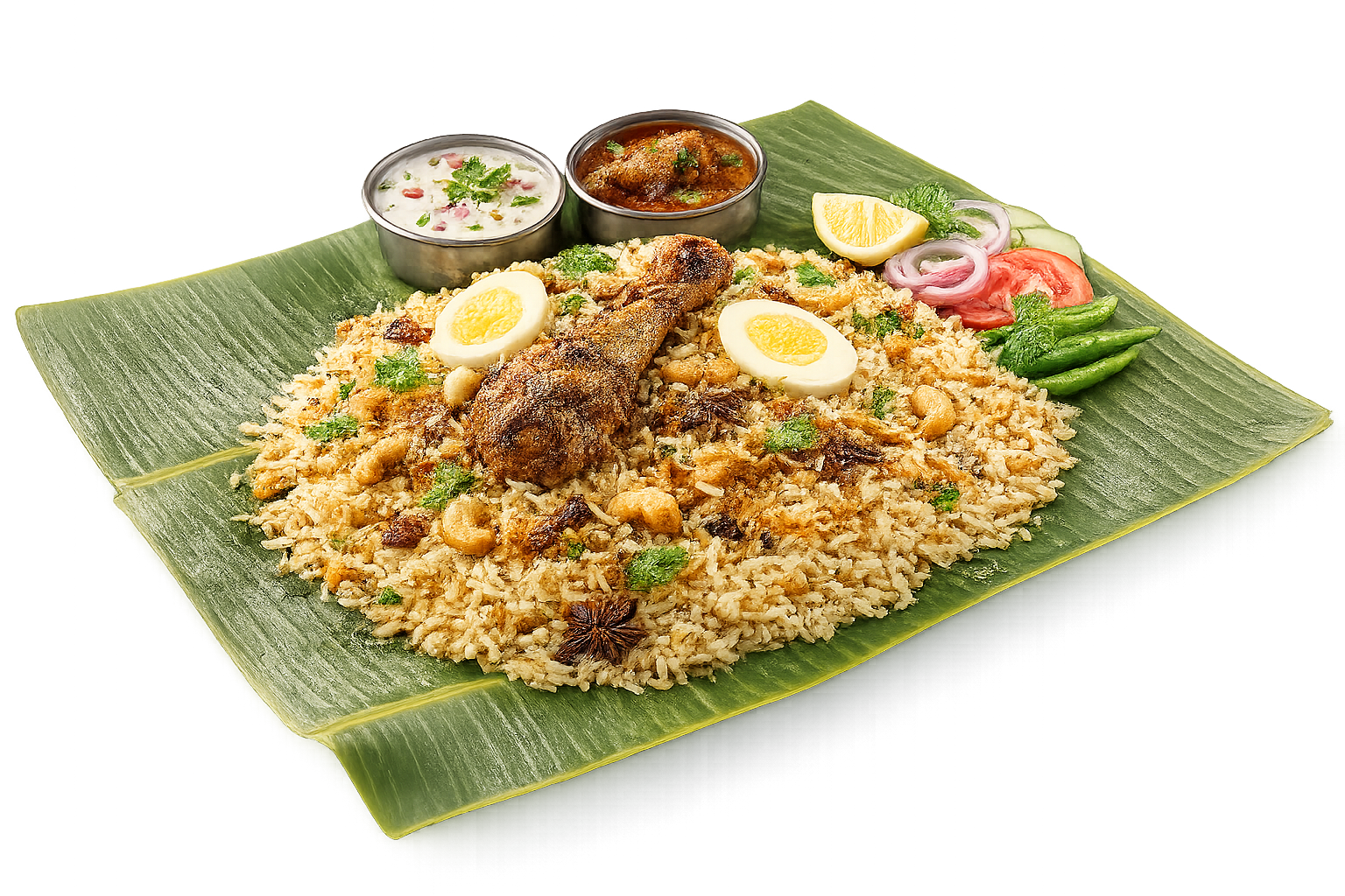 Madurai briyani served on a banana leaf