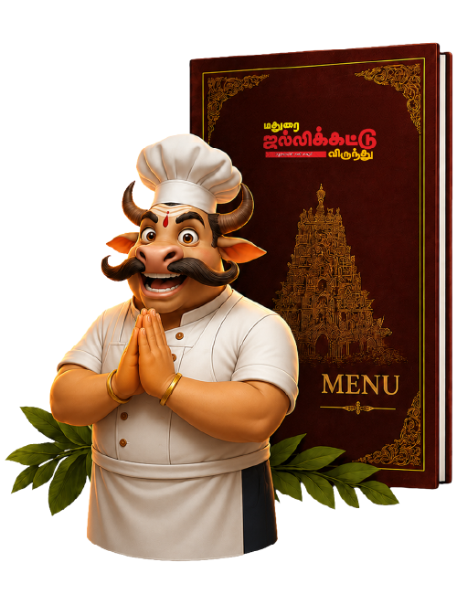 Madurai Jallikattu Virundhu chef mascot with menu