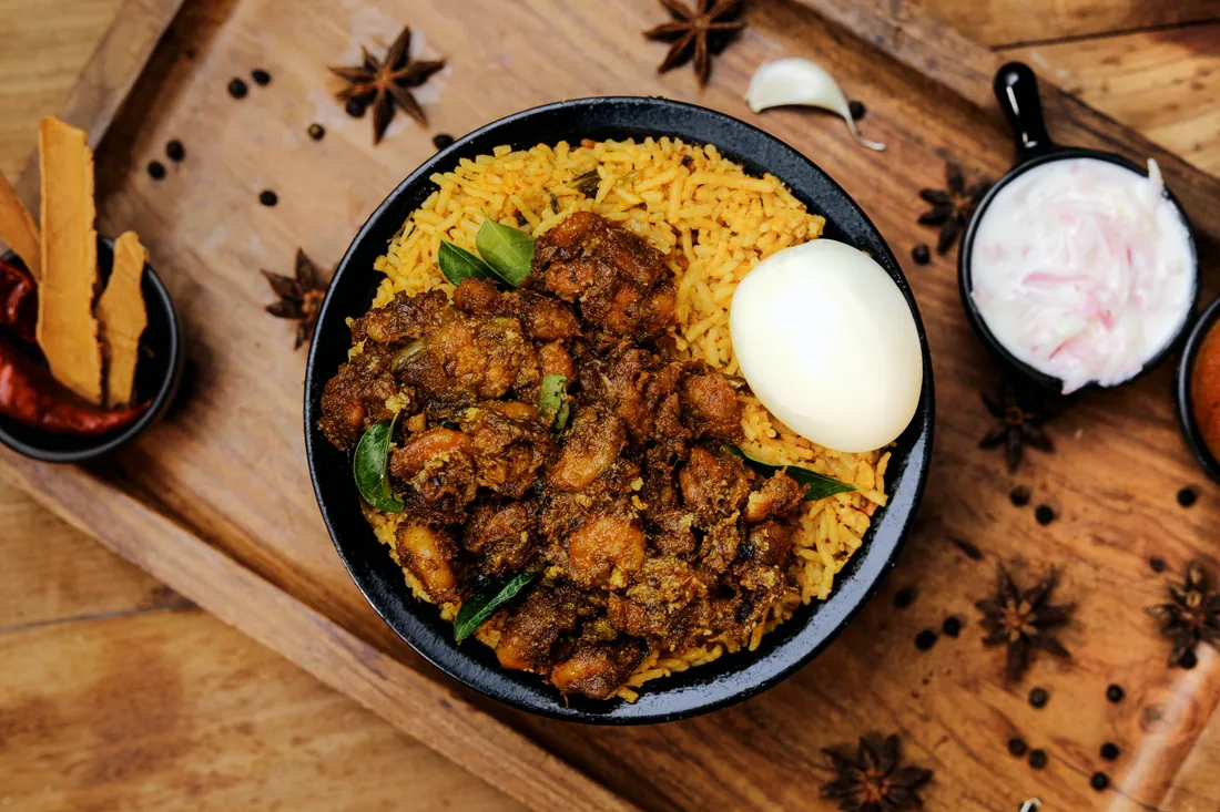Prawn chukka biryani served on a banana leaf